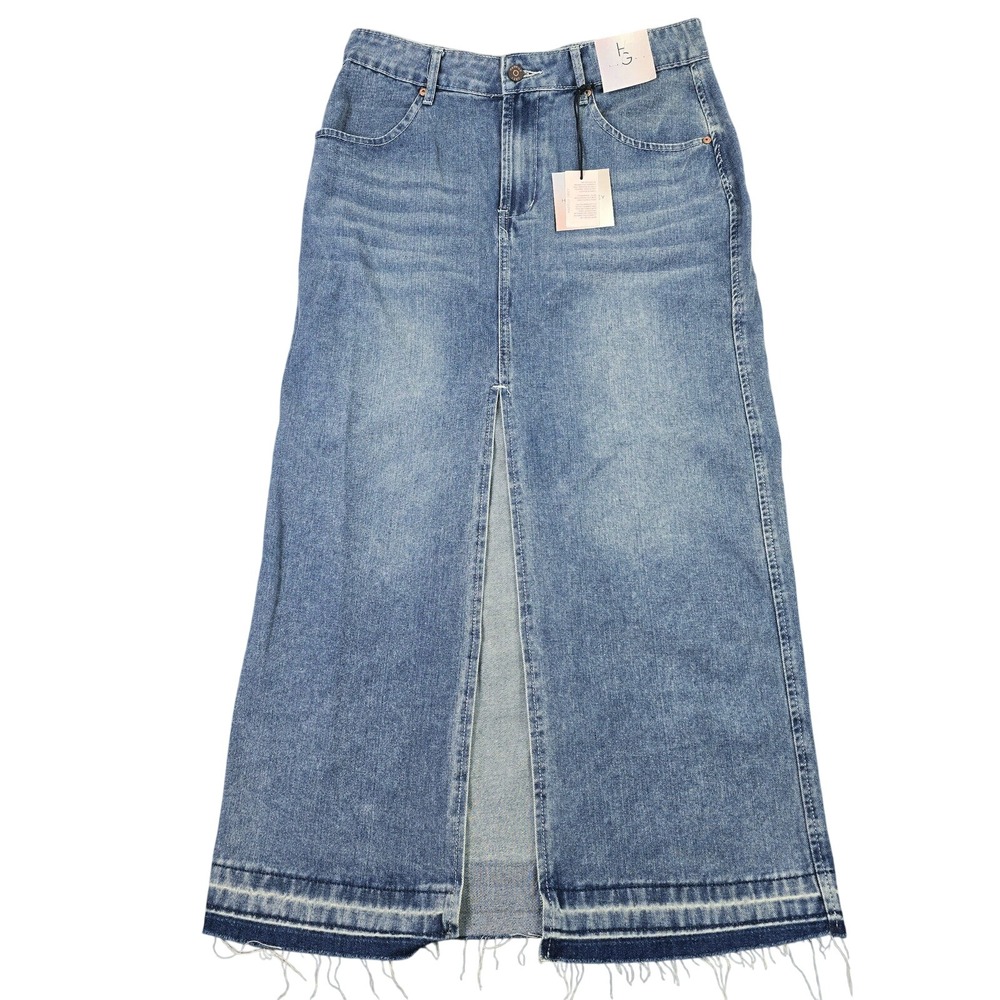 Happily Grey Maxi Denim‎ Skirt Juniors 7 Blue Slit Frayed Streetwear Retro New